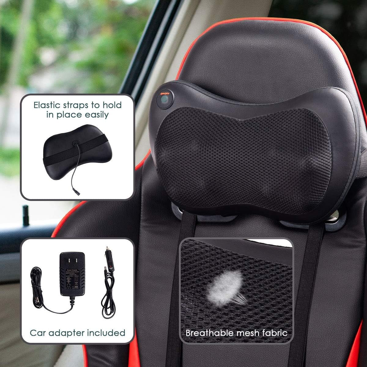 Shiatsu back and neck massage pillow with heat for shoulder, back, leg, and foot comfort