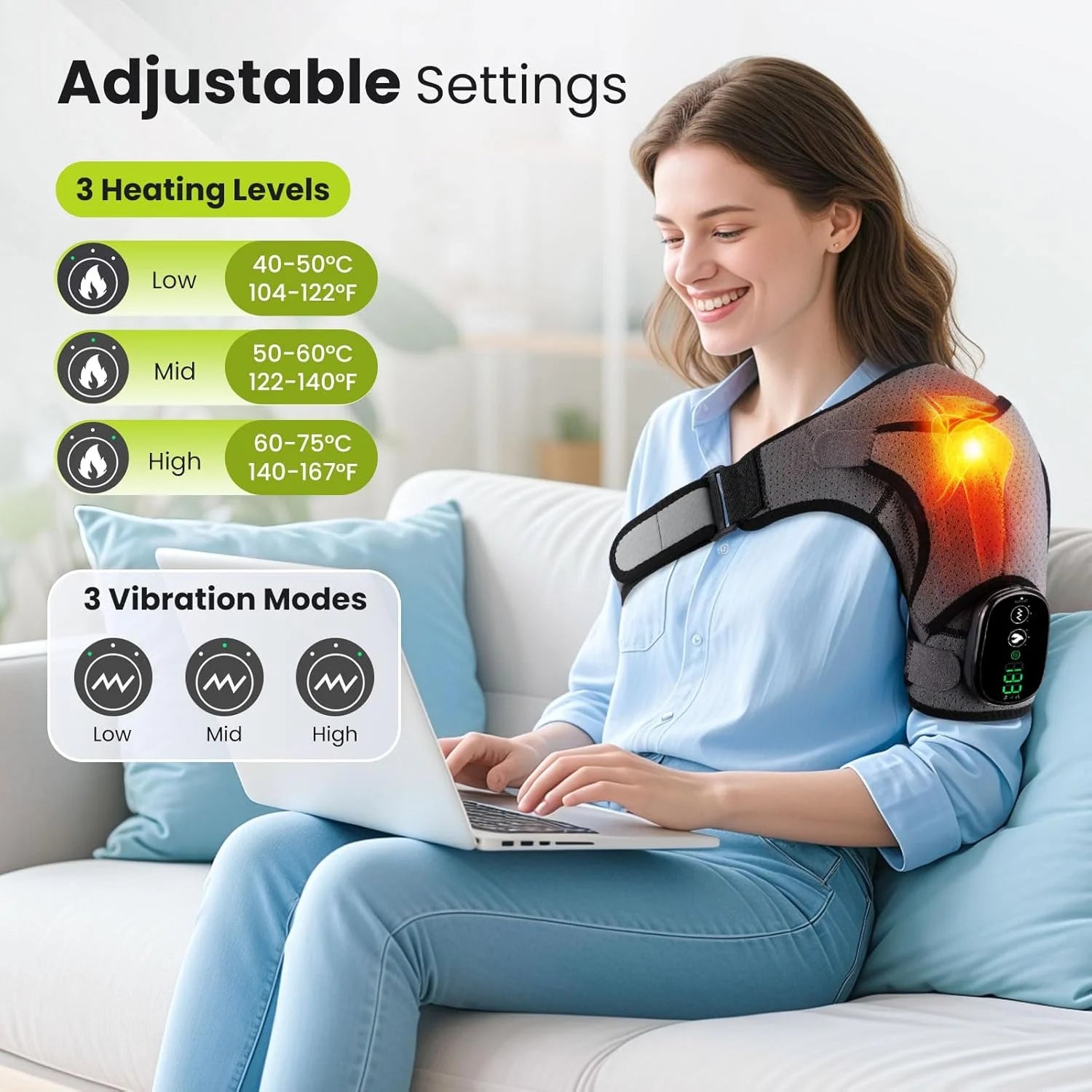 Cordless Shoulder Massager, Heated Shoulder Wrap with Vibration, Electric Shoulder Heating Pads Heated Shoulder Braces with 3 Heating Setting, Left Right Shoulder Massage for Men Women