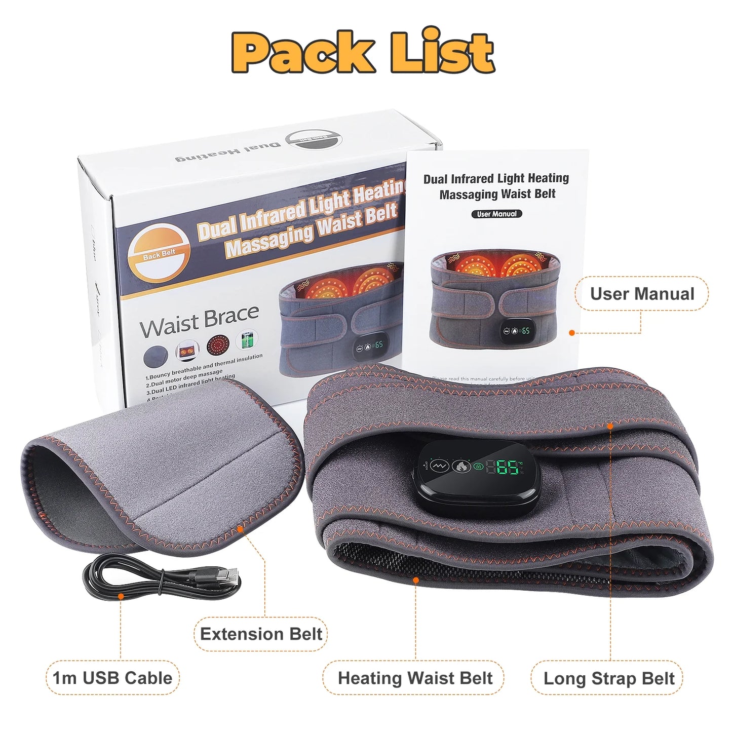 Ultimate Cordless Heating Pad & Massager for Back Relief - Portable Red Light Waist Belt with Rechargeable Battery in Gray