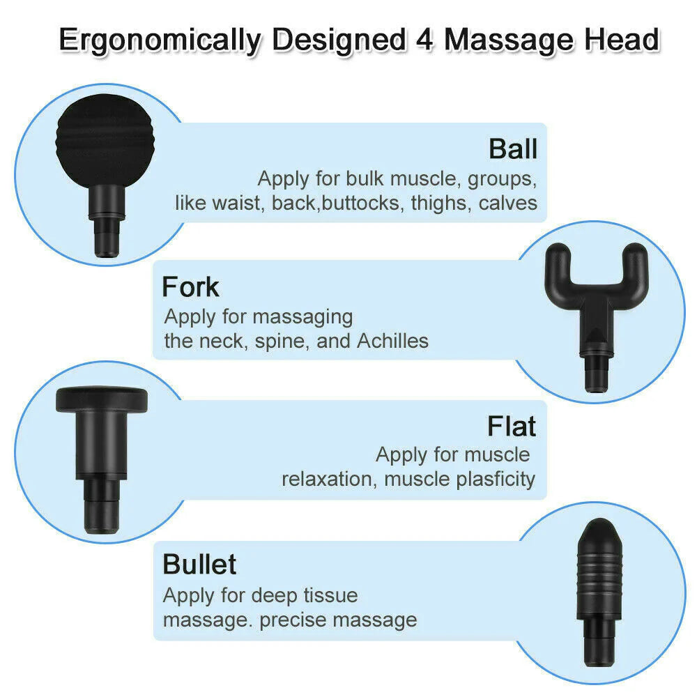 Percussion massage gun with 4 interchangeable heads for muscle recovery