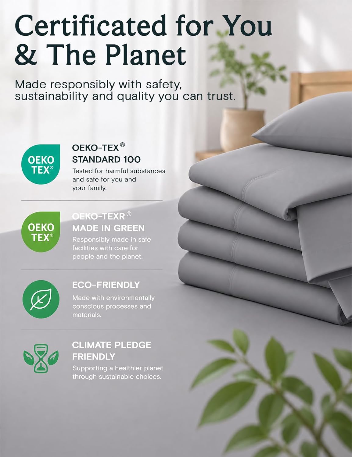 LuxClub 4-Piece Light Grey Queen Sheet Set - Silky Soft, Deep Pocket, Wrinkle-Free Cooling Bedding for Ultimate Comfort
