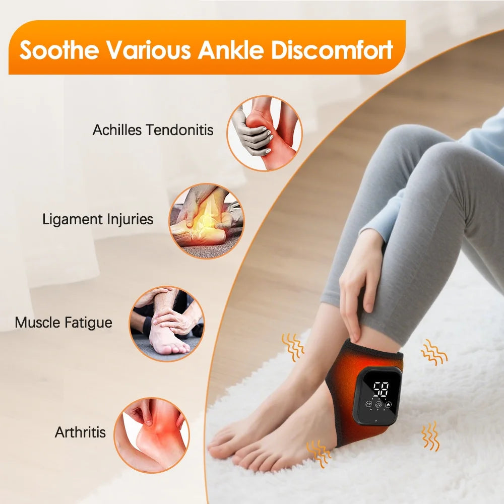 Cordless Ankle Massager, Foot Massager with Heat, Rechargeable Heated Foot Brace Wrap with 3 Heat & 3 Vibration Levels, 15Min Auto Shut Off, Adjustable Strap for Ankle Relaxation, 2Pcs