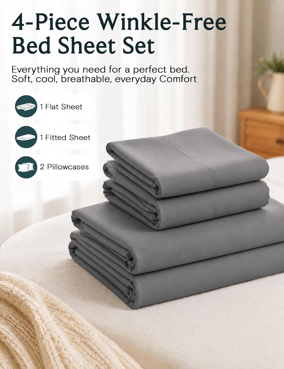 LuxClub 4-Piece Light Grey Queen Sheet Set - Silky Soft, Deep Pocket, Wrinkle-Free Cooling Bedding for Ultimate Comfort