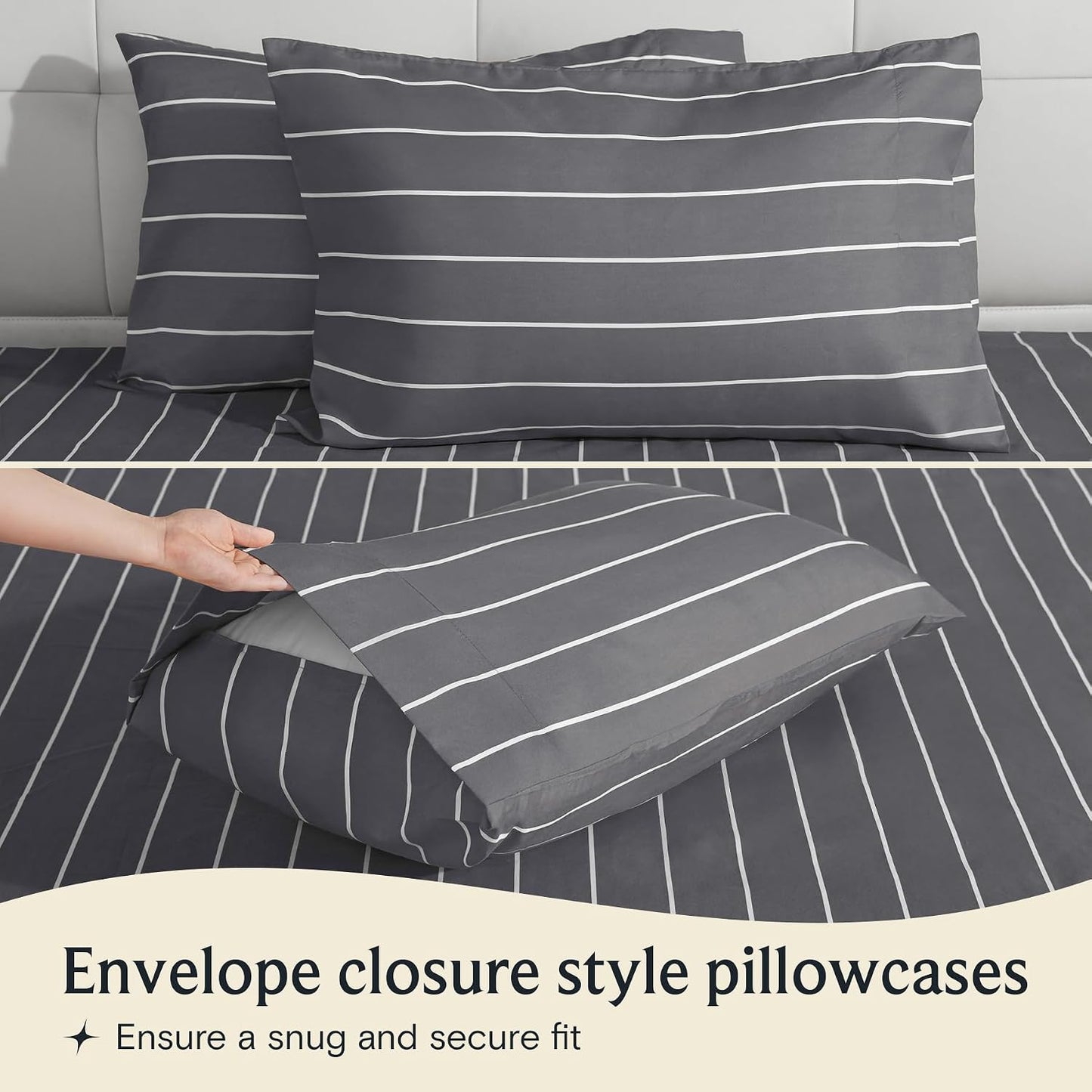 Indulge in Luxury with Our 4-Piece Cooling California King Sheet Set - Silky Soft Striped Microfiber in Light Grey