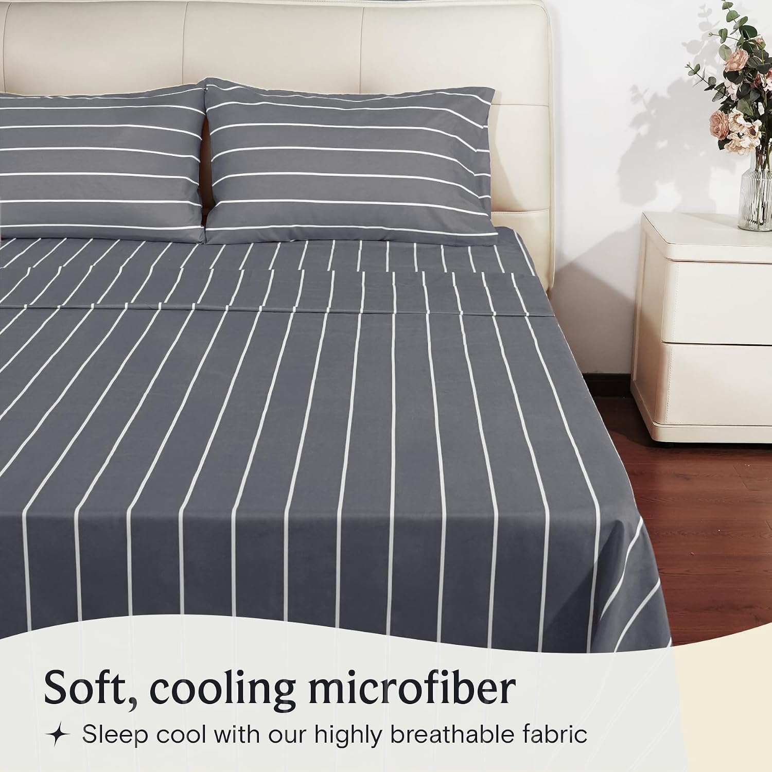 Indulge in Luxury with Our 4-Piece Cooling California King Sheet Set - Silky Soft Striped Microfiber in Light Grey