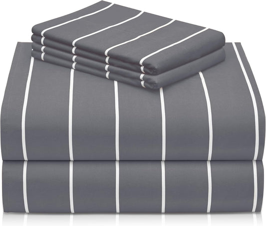 Indulge in Luxury with Our 4-Piece Cooling California King Sheet Set - Silky Soft Striped Microfiber in Light Grey