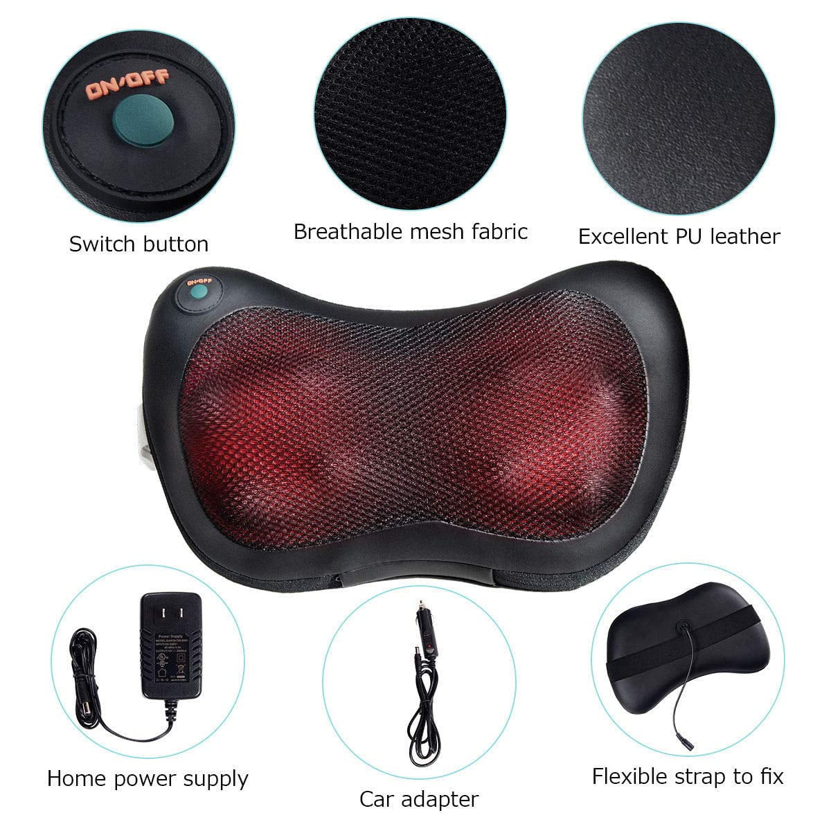 Shiatsu back and neck massage pillow with heat for shoulder, back, leg, and foot comfort