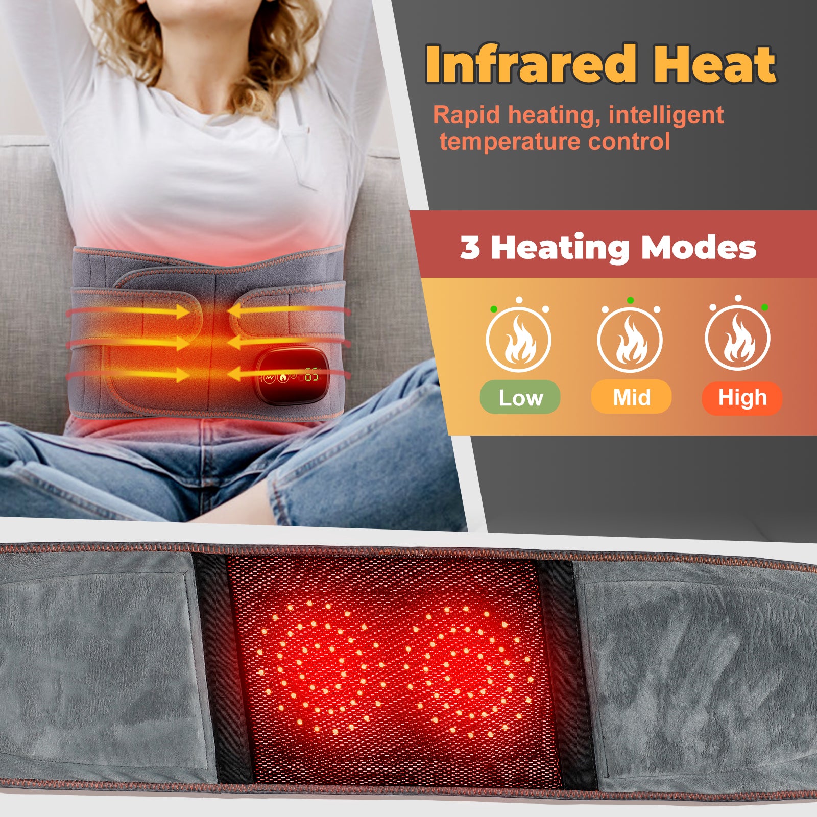 Ultimate Cordless Heating Pad & Massager for Back Relief - Portable Red Light Waist Belt with Rechargeable Battery in Gray