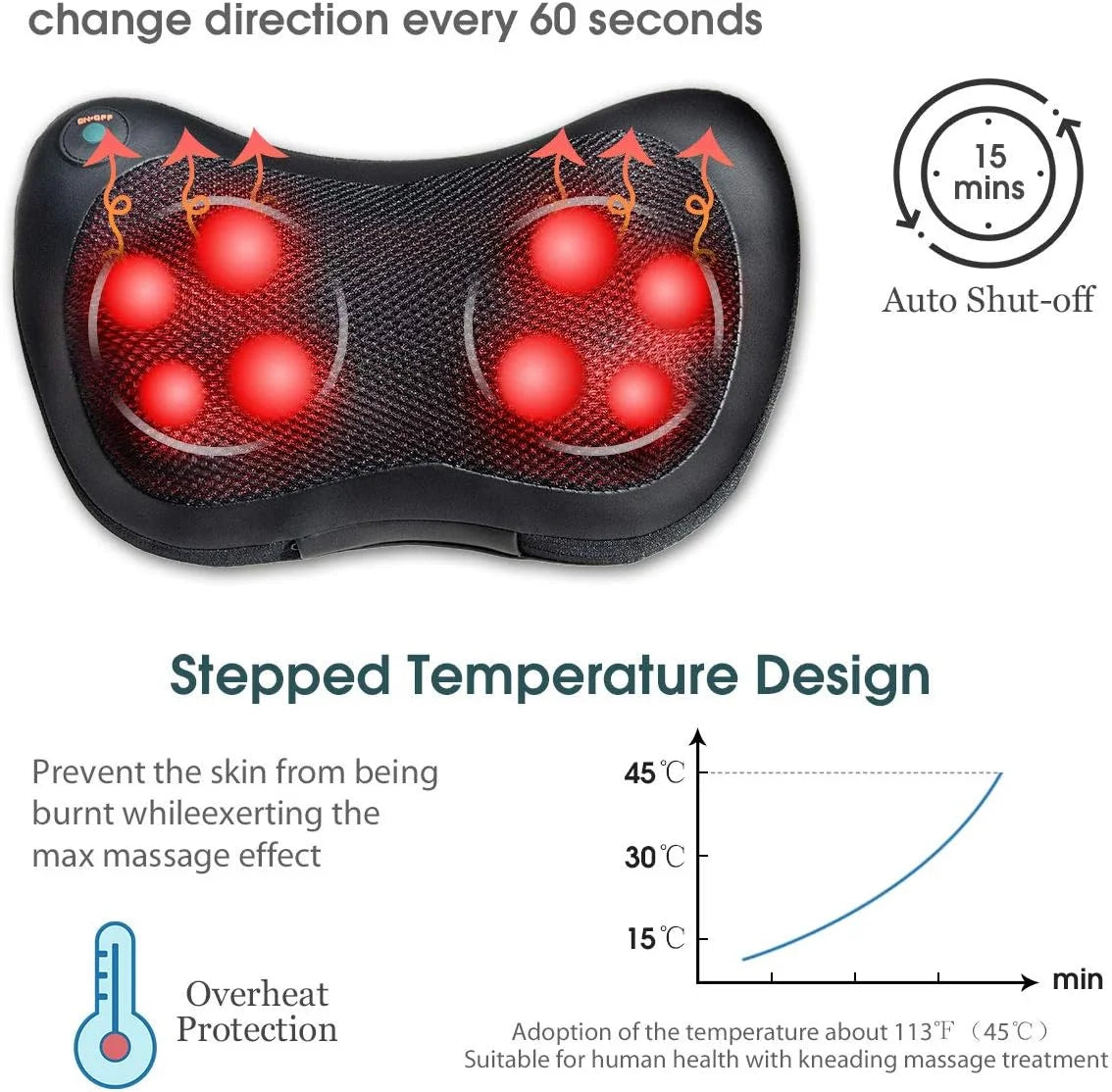 Shiatsu back and neck massage pillow with heat for shoulder, back, leg, and foot comfort