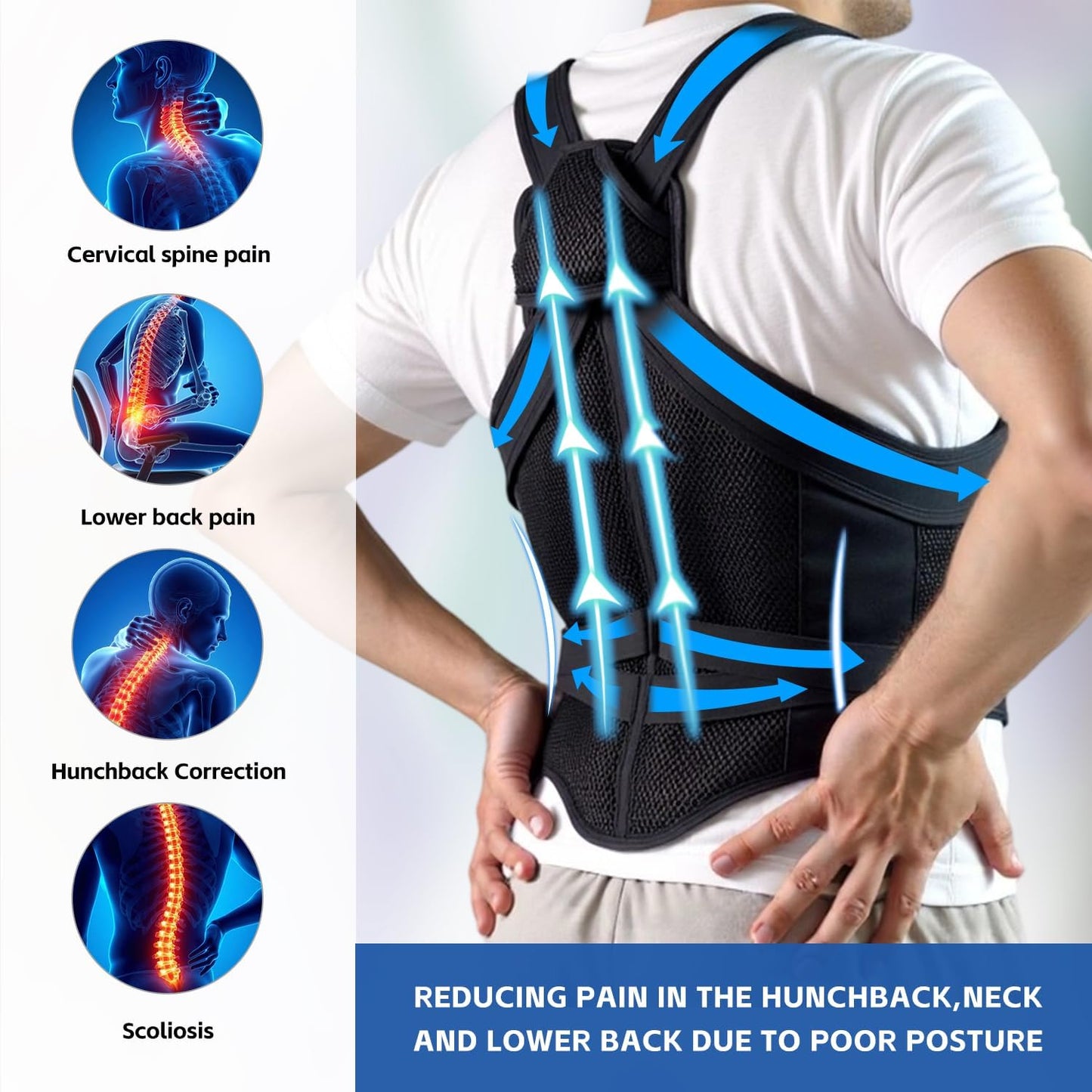 Back Brace Posture Corrector for Men & Women, Upgraded Full Back Support with Adjustable Shoulder Straightener and Waist Support Straps, Breathable Back Brace for Office Work, Long Sitting & Daily Wear, Comfortable Posture Support for Upper & Lower Back Medium