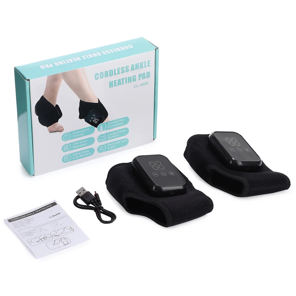 Cordless Ankle Massager, Foot Massager with Heat, Rechargeable Heated Foot Brace Wrap with 3 Heat & 3 Vibration Levels, 15Min Auto Shut Off, Adjustable Strap for Ankle Relaxation, 2Pcs