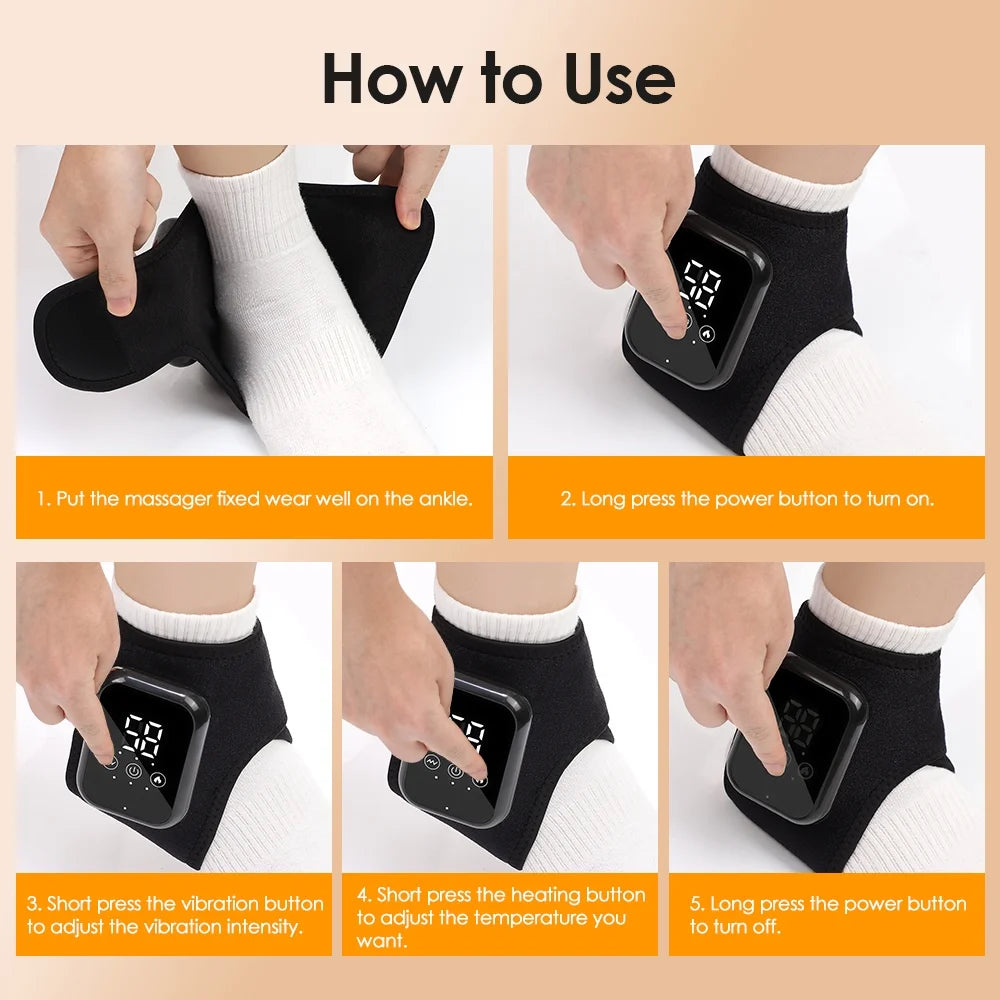 Cordless Ankle Massager, Foot Massager with Heat, Rechargeable Heated Foot Brace Wrap with 3 Heat & 3 Vibration Levels, 15Min Auto Shut Off, Adjustable Strap for Ankle Relaxation, 2Pcs