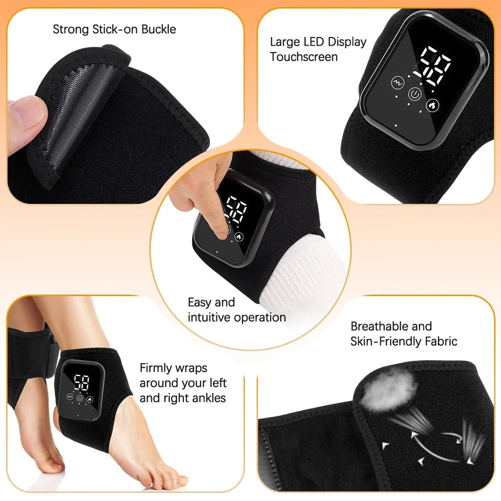 Cordless Ankle Massager, Foot Massager with Heat, Rechargeable Heated Foot Brace Wrap with 3 Heat & 3 Vibration Levels, 15Min Auto Shut Off, Adjustable Strap for Ankle Relaxation, 2Pcs