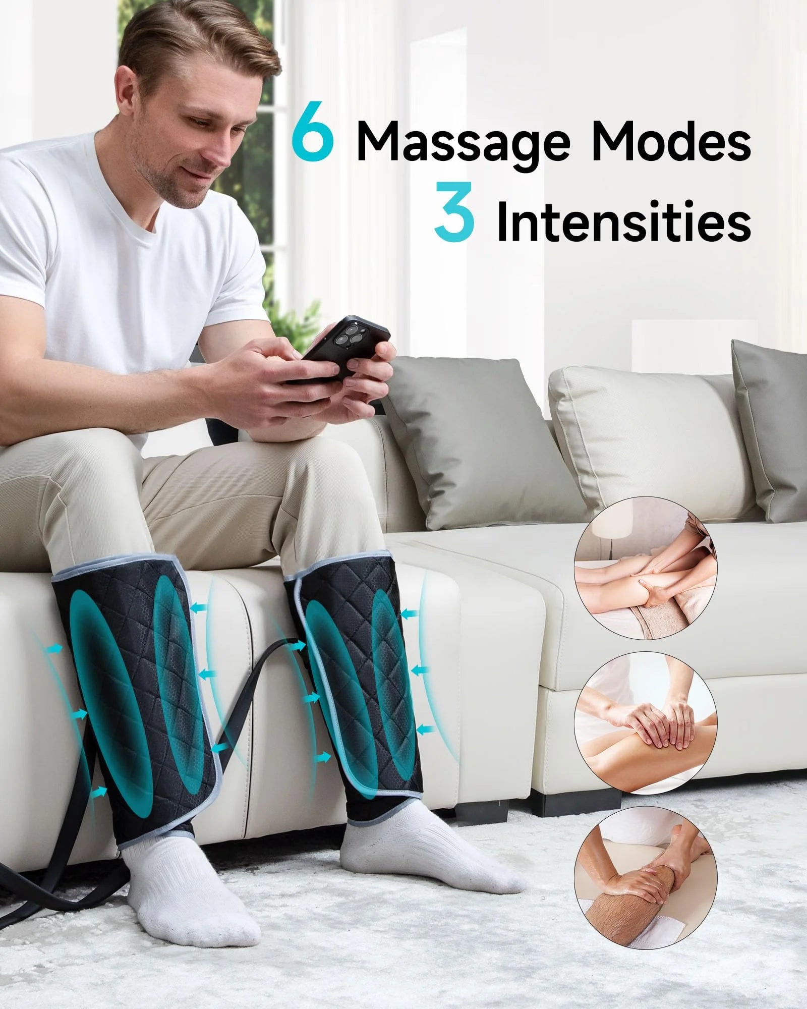 Leg Massager for Circulation, Leg Arm Calf Air Compression Massager with 6 Modes, 2 Heating Levels, 3 Intensities and Auto-Off