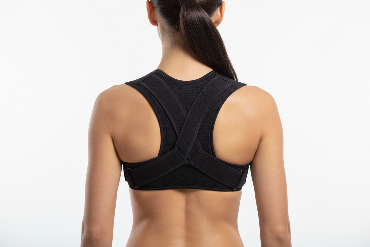 Woman wearing upper back posture corrector for breathable shoulder support and massage recovery