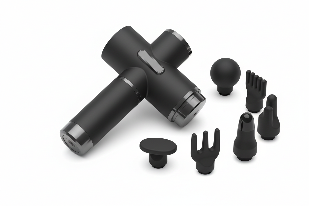 Deep tissue massage gun with 9 speed levels and 6 interchangeable massage heads for muscle recovery and pain relief