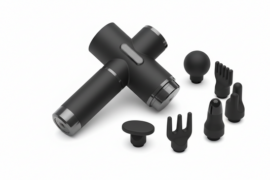 Deep tissue massage gun with 9 speed levels and 6 interchangeable massage heads for muscle recovery and pain relief